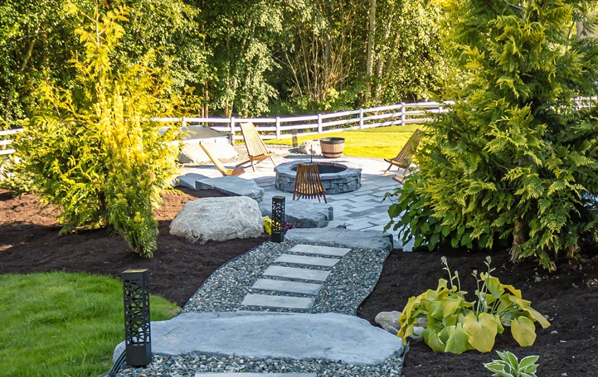 rustic path to patio with firepit