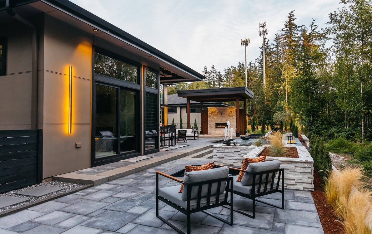 Water features, Outdoor Kitchen, Fiberglass Spa, Pavers, Landscape Lighting, Artificial Turf