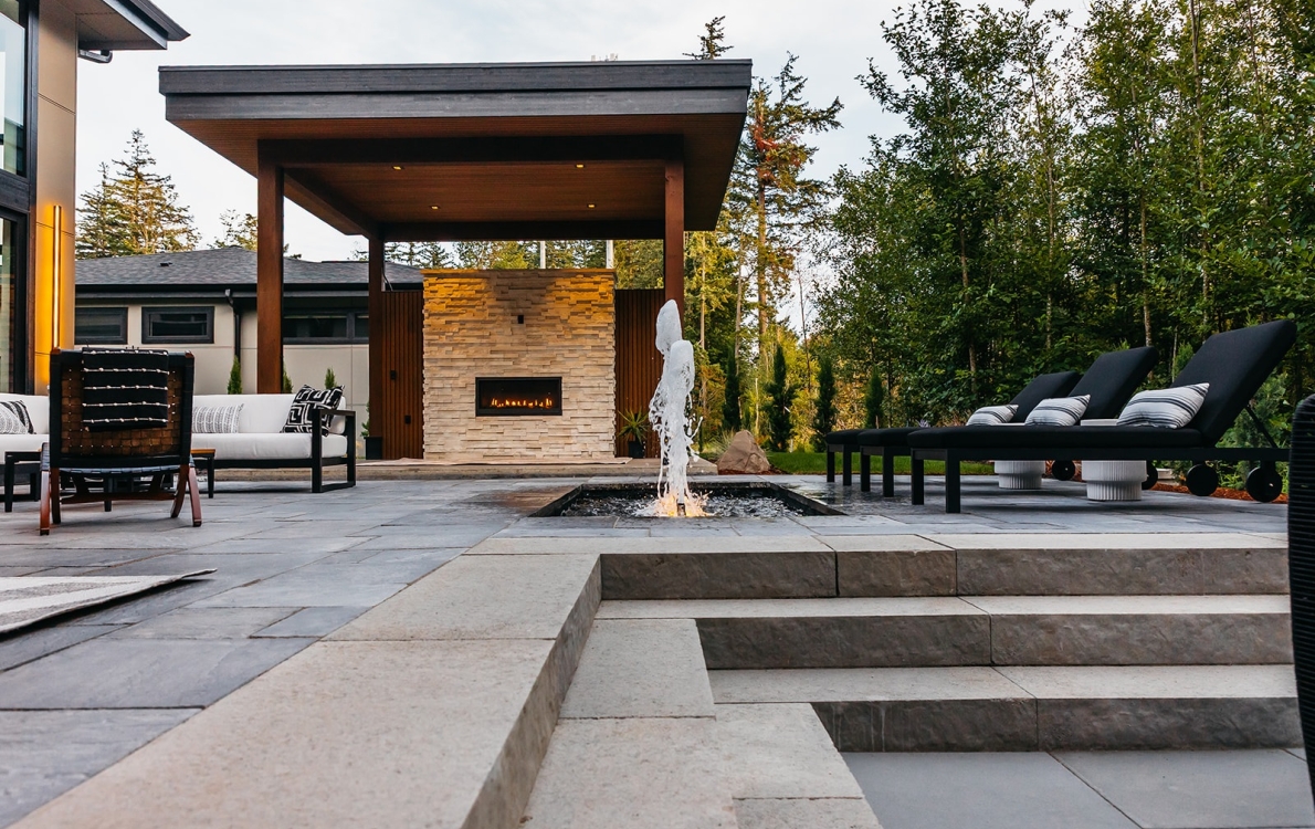 Water features, Outdoor Kitchen, Fiberglass Spa, Pavers, Landscape Lighting, Artificial Turf