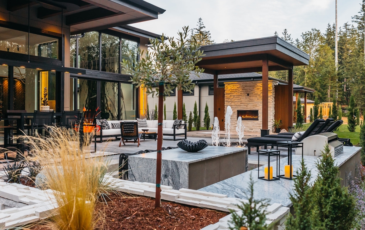 Water features, Outdoor Kitchen, Fiberglass Spa, Pavers, Landscape Lighting, Artificial Turf