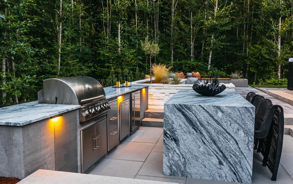 Water features, Outdoor Kitchen, Fiberglass Spa, Pavers, Landscape Lighting, Artificial Turf