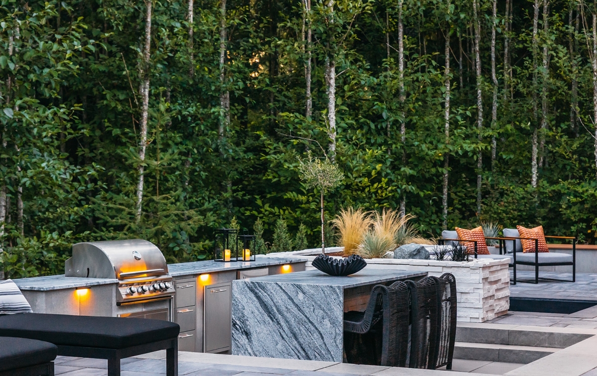 Water features, Outdoor Kitchen, Fiberglass Spa, Pavers, Landscape Lighting, Artificial Turf